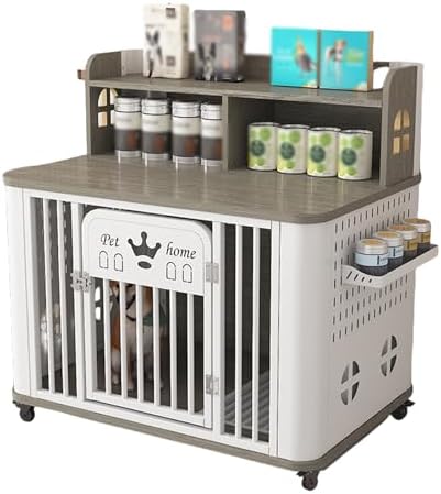 Portable Dog Crate with Storage Board, Dog Toilet, and Universal Wheels - Ideal for Small to Medium Dogs (Grey & White) - Convenient Pet Travel Solution