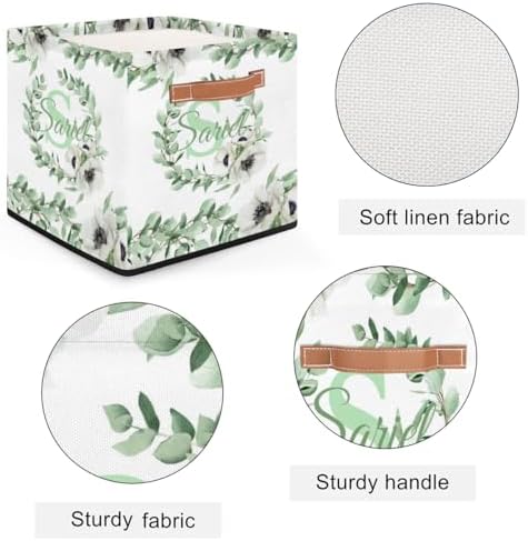 Personalized Storage Baskets for Organizing, Foldable Storage Bins with Handles Custom Cute Basket for Boys, Girls, Pet, Clothes, Blanket, Bedroom Nursery Toy Storage Gift, Eucalyptus Leaves