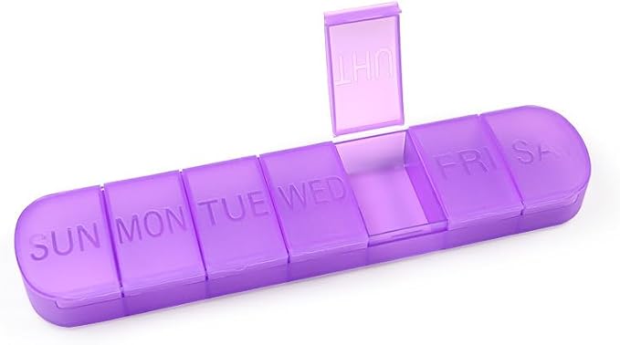 Weekly Pill Organizer, Once a Day, 7-Day Pill Box Container Tablet | Matte Purple, Large 7 Compartment Vitamins Case Pill Dispenser for Medicine, Medication, Fish Oils, Supplements, Capsule