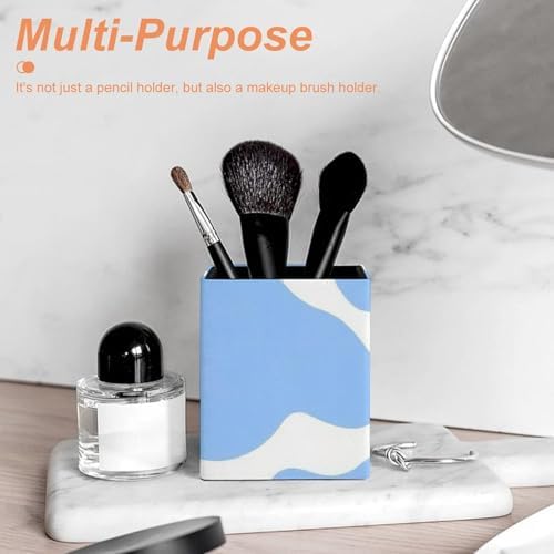 Pen Holder Square Desktop Organizer Pencil Cup For Desk, Office, Home And Stationary Supplies Light Blue Animal Cow Print