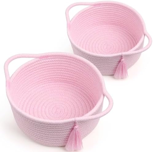 Small Gift Basket Empty to Fill, 2 Pack, Mini Woven Basket, Pink | Cute Decorative Mini Rope Storage Baskets with Cellophane Bags & Ribbons; Two Sizes for Gifting, Bathroom Counter or Desk