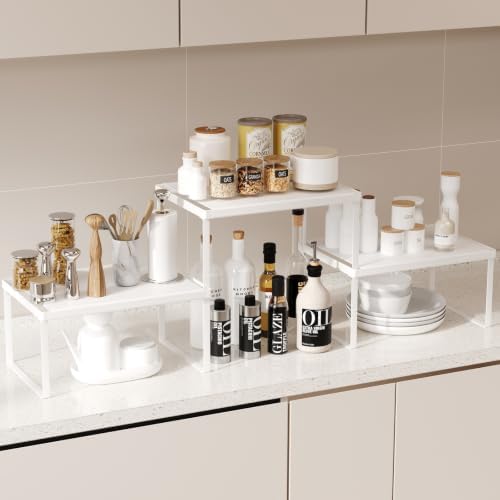 Magheo Cabinet Organizer Shelf Riser, Stackable Spice Rack for Countertop/Cabinet, Pantry Organizers and Storage, Heavy Duty Kitchen Counter Shelves for Seasonings,Bowls,Coffee Makers (3 Pack, White)