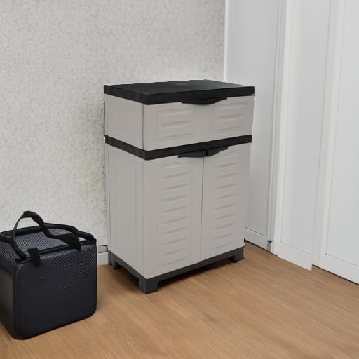 Sunnydaze 34.5" Garage Storage Cabinet with Adjustable Shelf, Gray | Heavy Duty Resin Storage Cabinet Resists Rust & Peeling, Utility Cabinet with Drawer & Anti-Tip Kit for Laundry, Office