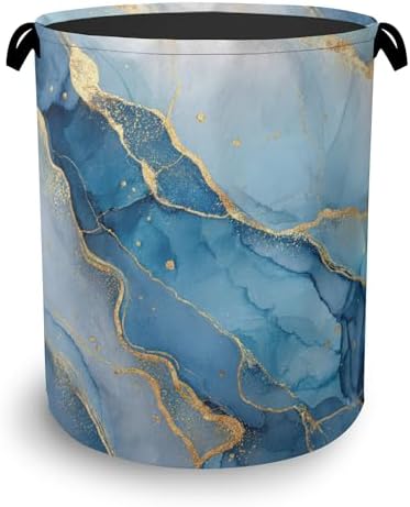 Blue Gold Marble Laundry Basket,Foldable with Handles Tote Bag Oxford Cloth for Bathroom Bedroom Dirty Clothes Storage Bucket 16" x 20.8"