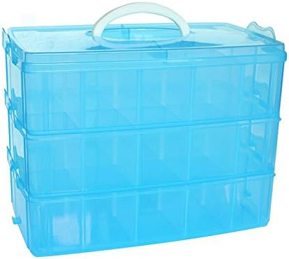 Kamay's Extra Large 3 Tier Stackable Adjustable Compartment Slot Bead Craft Jewellery Tool Storage Organiser Snap-lock Tray Container, with 30 Compartments, Container Box, Blue