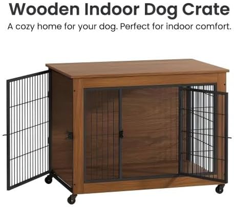 Dog Crate Furniture with Wheels, Wooden Dog Kennel Indoor, Decorative Side End Table for Small Dogs, Easy Installation (38.6'')