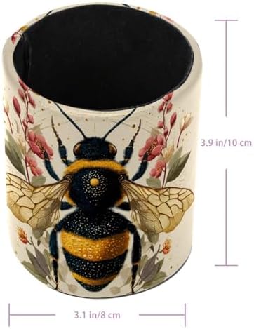 Faux Leather Pen Holder for Desk, Pencil Organizer Flower and Bee Pen Cup Desk Decor Makeup Brush Holder Storage for Office Home
