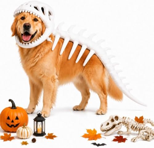 Pet Dinosaur Costume, 31.4inch Halloween 3D Skeleton Design Costume for Medium to Large Dogs, Realistic Dino Outfit for Pet Cosplay Party Family, Round and Chubby Body,Adorably Silly White