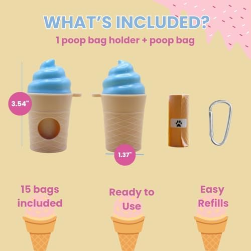 Ice Cream Dog Bag Dispenser | One Clip Doggie Poop Bag Holder | Bags Waste Container for Leash for Small Medium Large All Size Dogs | Cute and Fun Design | 15 Bags Included | Blue Color
