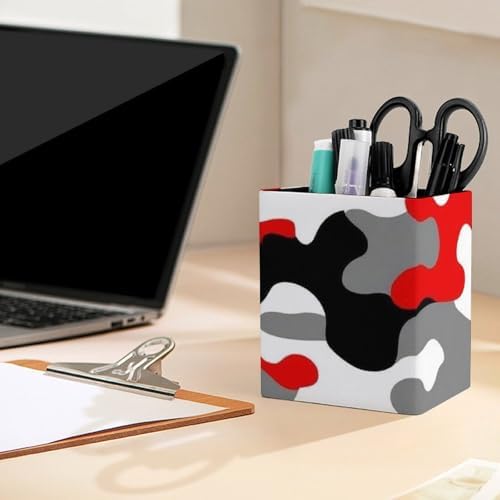 Fashion Pen Cup Pencil Holder Makeup Brush Storage Leather Desk Organizer Military Red Camo Army Camouflage