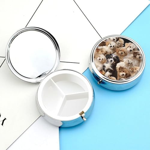 Cute Pet Dogs Pill Box 3 Compartment Metal Round Pill Case Travel Pill Organizer Small Portable Medicine Vitamin Container for Purse and Pocket to Hold Vitamins Supplements
