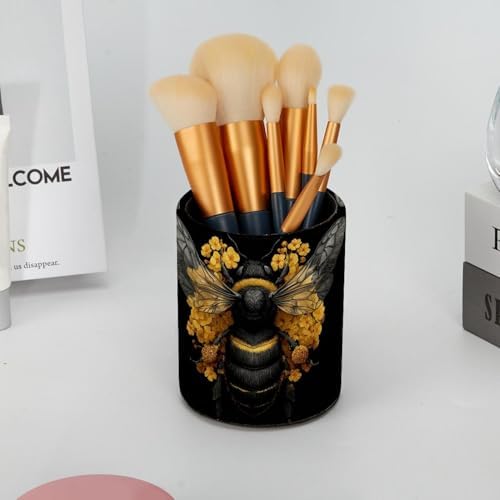 Faux Leather Pen Holder for Desk, Pencil Organizer Bee Pen Cup Desk Decor Makeup Brush Holder Storage for Office Home