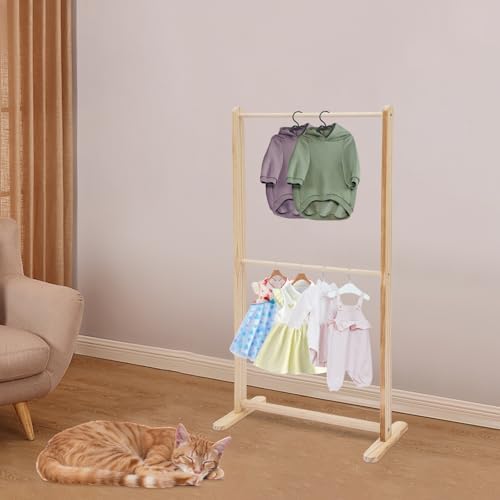 Pet Clothing Display Stand, 11lbs Capacity, Solid Wood Garment Rack with Detachable Crossbar for Dogs Cats