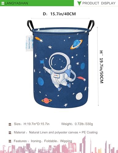 Round Laundry Basket Collapsible Storage Hamper Organizer Space Astronaut | Waterproof Canvas Foldable Baskets with sturdy Handles Multi-scene Organizer for Home Play Bedroom Gift Bin