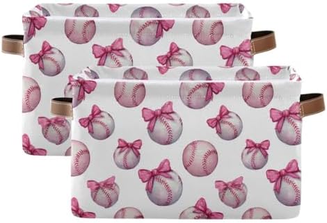 Pink Bow Baseball Square Baskets Storage Bins Foldable Fabric Organizer Bin Open Home Shelf Baskets