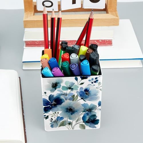 Watercolor Flowers Pen Holder for Desk Decor, Rectangular PVC Leather Pencil Cup for Desk Pen Organizer, Makeup Brush Holder for School, Home, Office