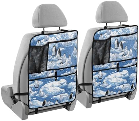 2 Pack Back Seat Car Organizer with Storage Pockets Kick Mats Back Seat Protector Hanging Car Organizer Automotive Seat Back Cover Organizers Blue Penguins Ice Flowers Snow