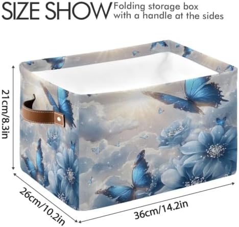 Foldable Storage Baskets Bins for Shelves Blue Butterfly Floral Storage Box Decorative Closet Organizers Baskets with Handles