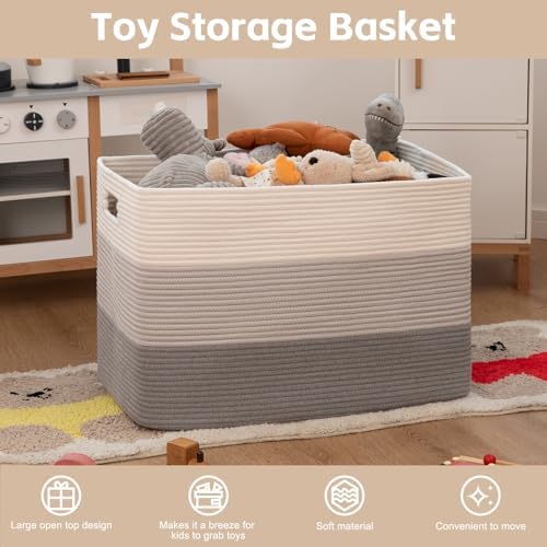 OIAHOMY 118L Extra Large Blanket Basket Cotton Rope Storage Basket Grey | 25" x 17" x 16", Rectangular Baskets Living Room,Used for storing Dirty Clothes, Stuffed Animal Toy Storage for Kids Room