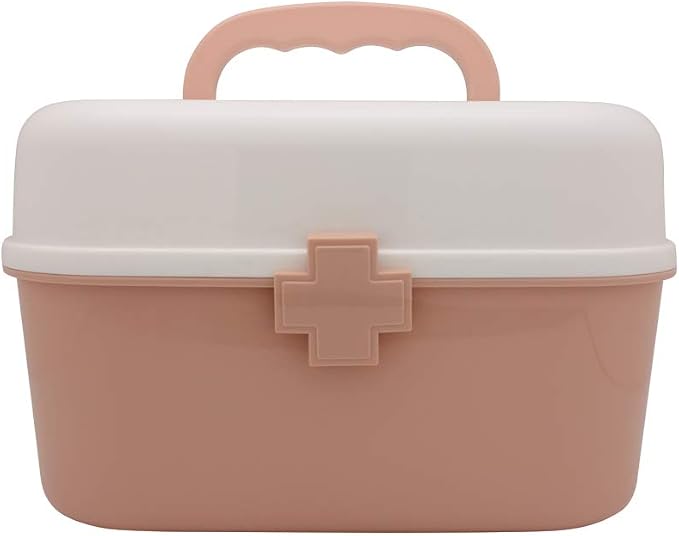 Plastic First Aid Storage Box Container Bin with Removable Tray and Portable Handle, Family Emergency Medicine Kit Case Organizer, White&Pink