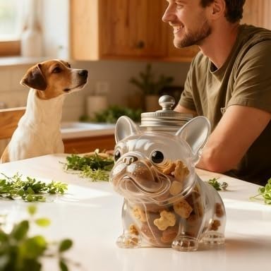 French Bulldog Treat Jar，Airtight Dog Treat Jar, Glass Candy & Cookie Storage Container with Lid, Cute Animal Shape for, Keep Pet Snacks