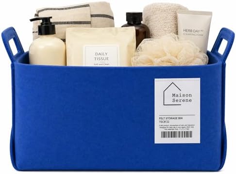 Blue Felt Storage Basket with Handles, Foldable Fabric Bin Organizer | Collapsible Decorative Basket for Shelves, Closets, Toys & Nursery – Versatile Fabric Bin for Home, Bedroom and Playroom