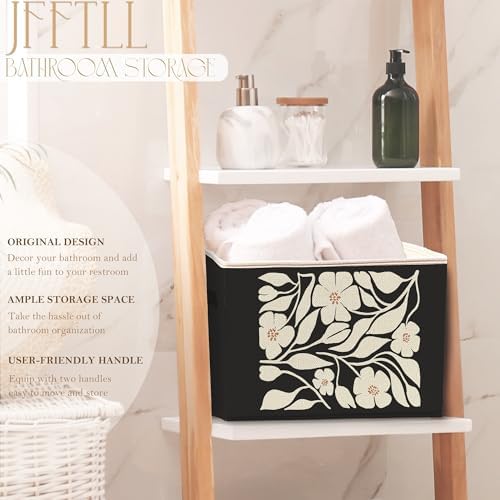 Boho Black and Beige Floral Storage Bins with Handles, Abstract Boho Neutral Flower Botanical Collapsible Laundry Basket Storage Box for Home Bedroom Bathroom Clothes Toys Books