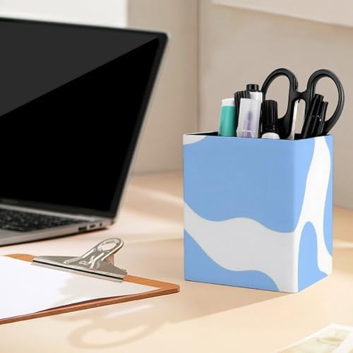 Pen Holder Square Desktop Organizer Pencil Cup For Desk, Office, Home And Stationary Supplies Light Blue Animal Cow Print