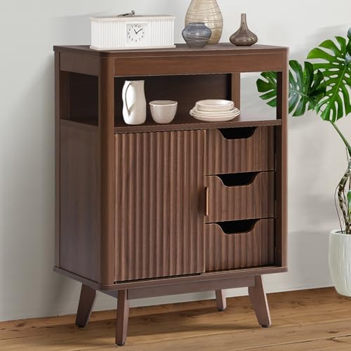 Grepatio Bathroom Floor Cabinet, Fluted Storage Cabinet with Sliding Door & 3 Drawers, Freestanding Cabinets Organizer Storage w/Adjustable Shelf, Faux Marble Top for Bathroom, Kitchen (Brown)