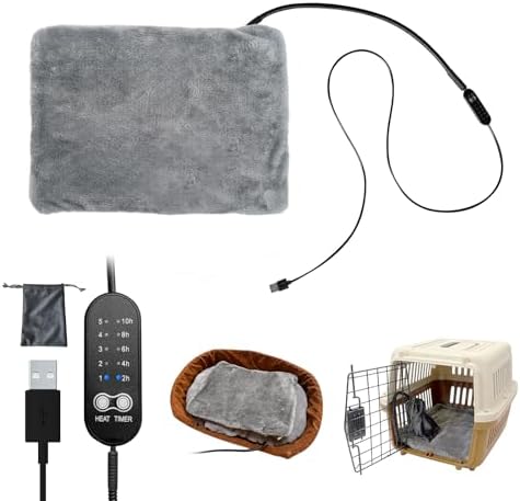USB Heating Pad for Cats & Dogs Indoor/Travel/Outdoor - Power Bank Pouch & Washable Cover, 5V Safe Waterproof Warmer, 5-Temp & Timer, 140°F Auto Shut-Off, Battery/Wall Powered (12"x16")