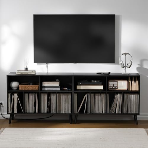 Cozy Castle Record Player Stand with Vinyl Storage Cabinet, Wood Turntable Table Open Shelf Holder Up to 350 Albums Cube Storage Organizer for Living Room, Office, Black