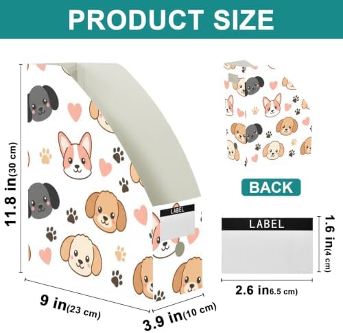 Emelivor Dogs Pets Puppies White Print Magazine Holder Set of 3 Desk File Organizer Water-resistant Vertical Folder Holder with Labels for Office Organization File Box for Classroom Library Home