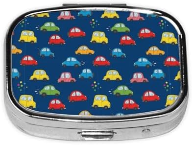 Portable Pill Organizer Compact Moisture-Proof Case Daily Vitamin Box for Men Women Travel Pocket Purse, Navy Blue Drawing Car