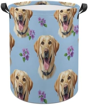 Portable Waterproof Hamper Floral Yellow Labrador Dog Pet Painting, Foldable Laundry Basket with Handles for Bedroom, Bathroom, and Clothes Storage