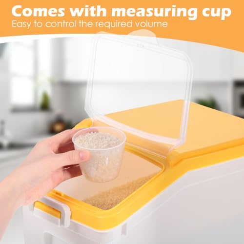 Sunnyray 4 Pcs Rice Storage Containers Bulk Flour Sugar Container Wheels Measuring Cups Set Airtight Pet Dog Cat Birds Food Bin Grain Cereal Organizer Box for Dry Baking(Yellow,22 lb)