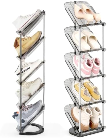 Slanted Narrow Shoe Rack 5 Tiers, Slim Depth Vertical Shoe Shelf - 1 Pack | Small Spaces Shoe Storage, Fits All Shoes & Boots Organizer, Free Standing, Tall, Sloping, Thin, Corner, Entryway, Ergonomic