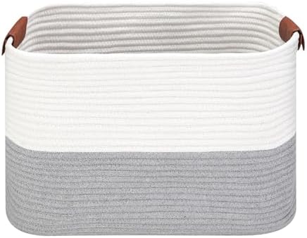 Large Cotton Rope Storage Basket with Leather Handles, Laundry Hamper Basket, 20 "L x 14" W x 12 "H, Durable & Stylish Organizer for Home.(Large Gray)