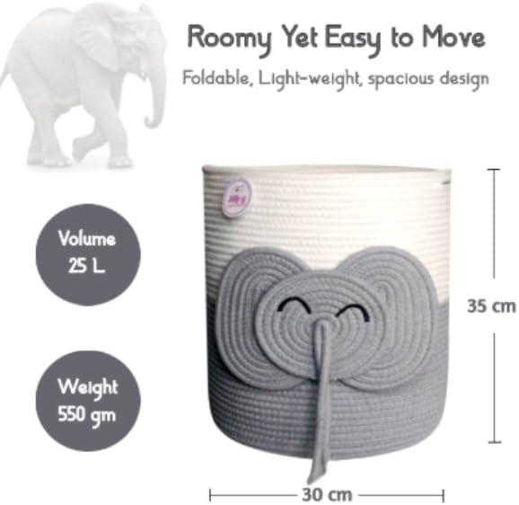 Collapsible laundry baskets for Kids, 25L Woven Cotton Rope Bin with Elephant Design, Cutout Handles, Foldable & Washable Baby-Safe Toy Organizer for Stuffed Animals, Laundry, Clothes (Elephant)