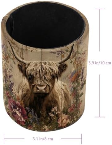 Faux Leather Pen Holder for Desk, Pencil Organizer Highland Cow Pen Cup Desk Decor Makeup Brush Holder Storage for Office Home
