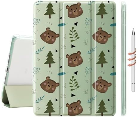 Cute Kawaii Bear Case for 9.7" iPad Air/iPad Air 2, Clear TPU Smart Stand Back Cover with Pencil Holder, Auto Wake/Sleep Foldable Four-Corner Shockproof Protective Case
