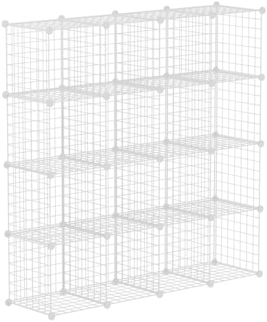 HUBSON Wire Cube Storage Organizer, Book/Toy/Craft/Potted Plants and Pet Closet Organizers, 16-Cube Freely Combinable Metal Grid Storage Shelf, White Iron