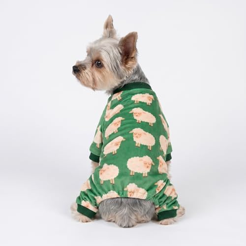 Fitwarm Funny Sheep Dog Pajamas, Warm Winter Dog Clothes for Small Dogs Boy Girl, Cozy Pet Onesie with Feet, Green, White, Small
