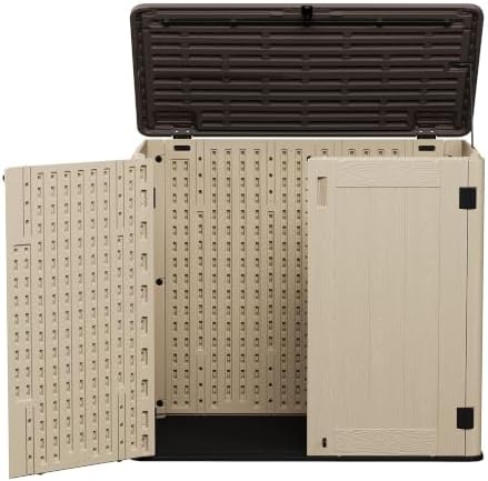 Horizontal Resin Storage Cabinet for Garage, 31 Cuft Waterproof Thickened Outdoor Resin Storage Shed with Floor & Lockable Double Doors for Patio, Garden and Trash Can, Khaki