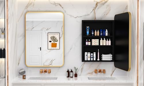 ACEMIRO 24x30 Inch Bathroom Medicine Cabinet with Mirror Gold Metal Framed Recessed or Surface Wall Mounted Mirrored Medicine Cabinets for Bathroom