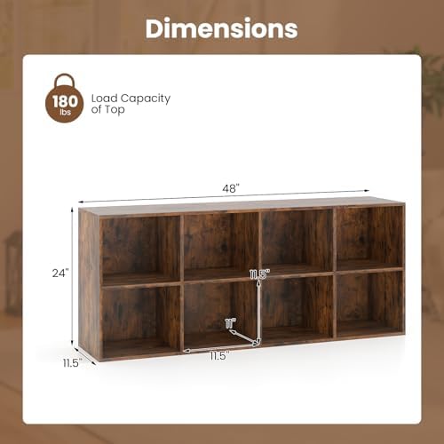 Giantex 8-Cube Bookcase, Floor Standing Bookshelf with Storage & 2 Anti-Tipping Kits, Open Storage Organizer, Cubby Wooden Book Shelf for Living Room, Study (Rustic Brown, 8-Cube)