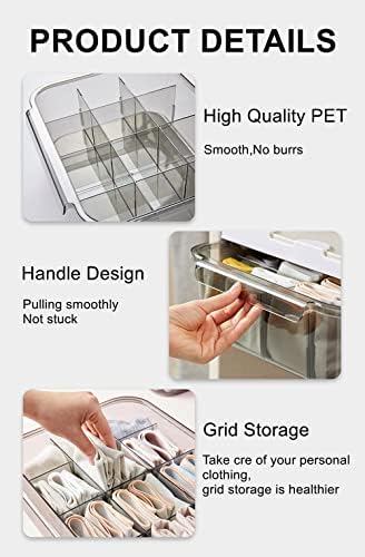 Xicennego Pull-out Closet Underwear Storage Box, Plastic Drawer Underwear Organizer Divider, Wardrobe Organizer Drawer for Socks, Underwear, Bra, Tie (Grey)