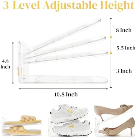 Eorbow 10 Pack Clear Shoe Slot Organizer, 11" Adjustable Shoes Stacker for Closet, Double Deck Display Shelf for a Pair of Shoes, Anti-slip Shoe Rack Holder Storage Space Saver