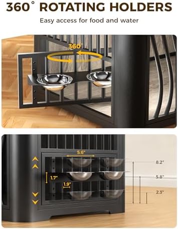 48 Inch Large Dog Crate Furniture, Heavy Duty Wood Dog Kennel Furniture Indoor for Large and Medium Dogs, Pet Crate Furniture with Adjustable Rotating Hanging Bowl and Table, White