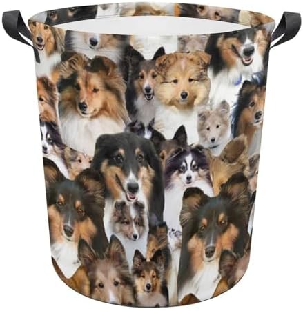 Sheltie Dog Print Laundry Basket, Funny Sheltie Dog Face Laundry Hamper, Foldable Waterproof Oxford Cloth Tote Bag Dirty Clothes Storage Bucket Organizer for Bathroom Bedroom