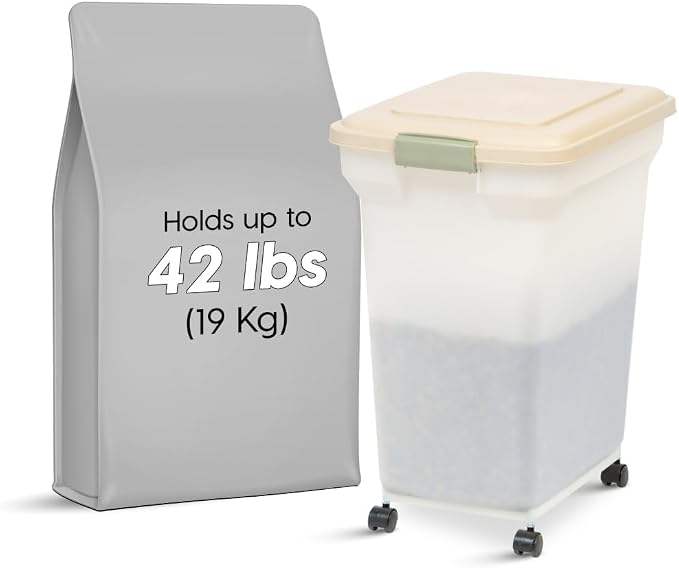 IRIS USA Dog Food Storage Container, Up to 40lbs, Almond/Pearl, Made in USA | Wheels for Mobility, Airtight Seal, BPA-Free, Best for Bird Seed, Cat food, Cat Litter, Chicken Feed, Pellets